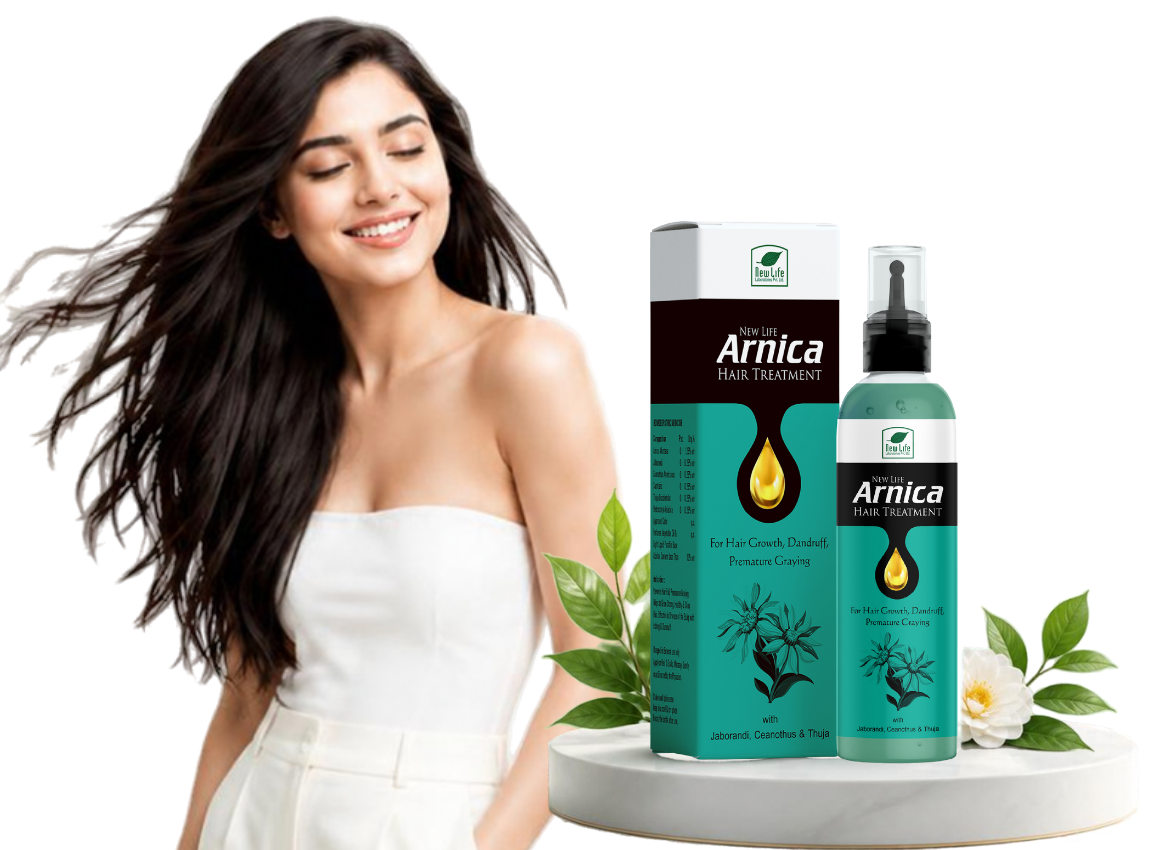 New Life Arnica Hair Treatment homoeopathic herbal hair oil – bottle and box