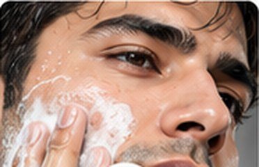 Man lathering charcoal soap on his face