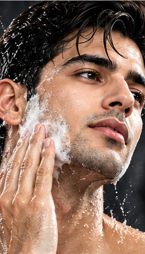 Man washing his face with charcoal soap foam