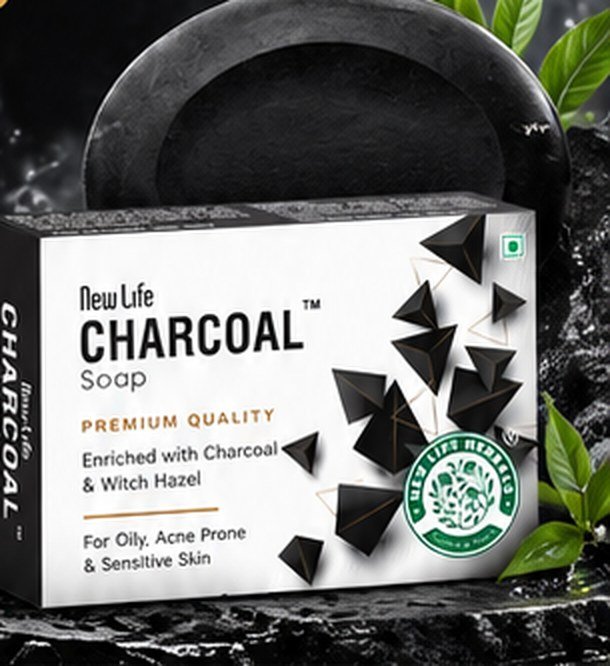 New Life Charcoal Soap box and black soap bar