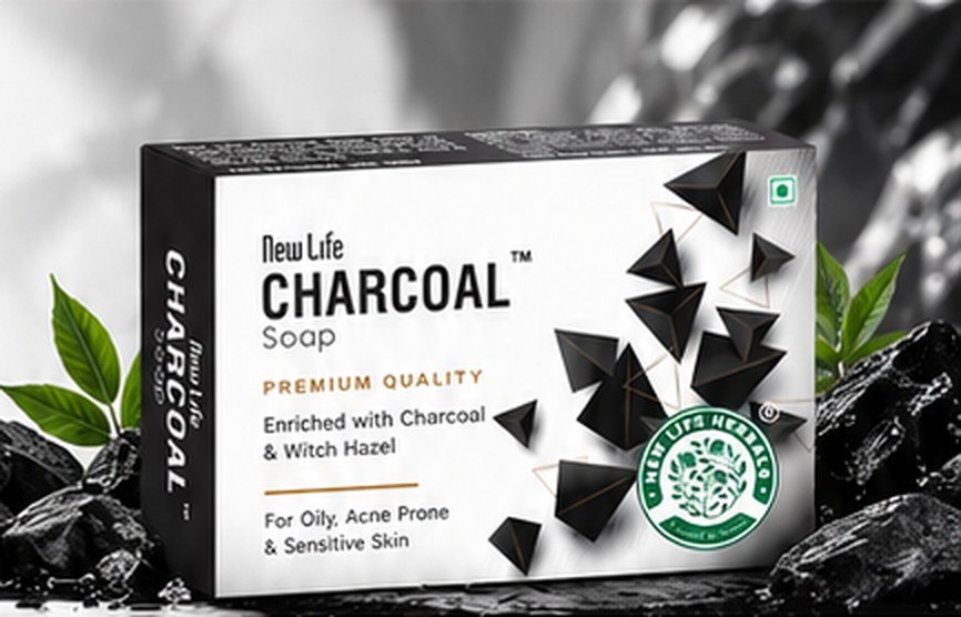 New Life Charcoal Soap box with charcoal pieces and green leaves
