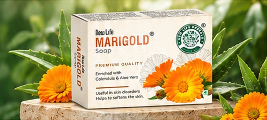 New Life Marigold Soap box with aloe vera and marigold flowers