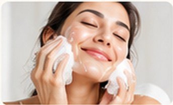 Woman washing her face with soap foam