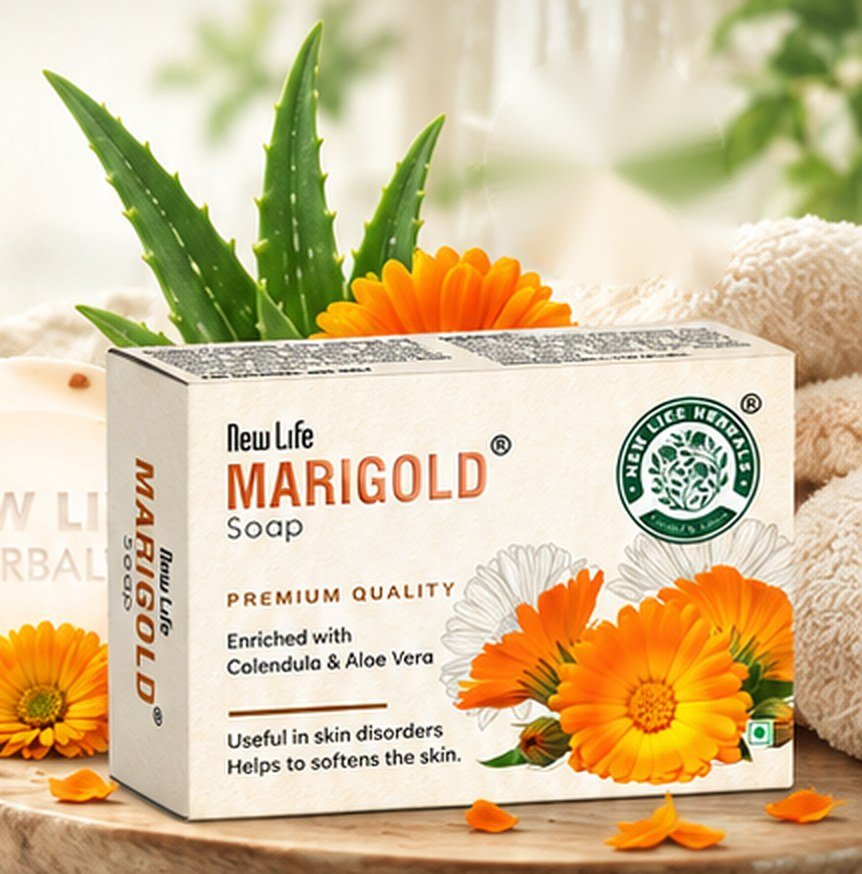 New Life Marigold Soap box with calendula flowers and aloe vera