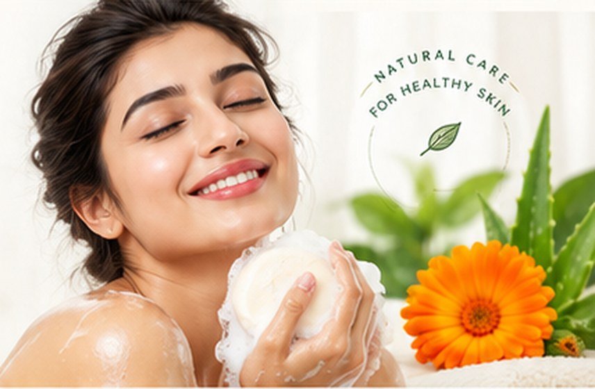Smiling woman bathing with Marigold Soap lather