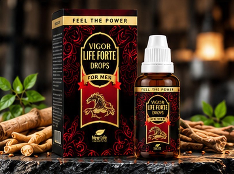 New Life Vigor Life Forte Drops box and bottle with ginseng and ashwagandha roots